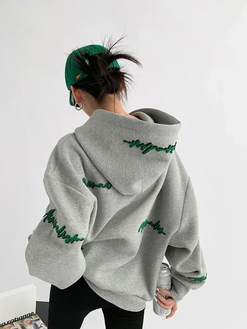 High Quality Letter Print Oversized Y2K Fall Winter Plus Fleece Thick Hoody