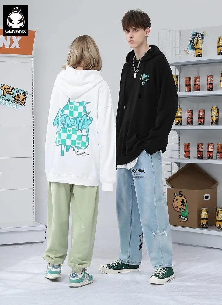 Letter Print Kangaroo Pocket Loose Hoodies