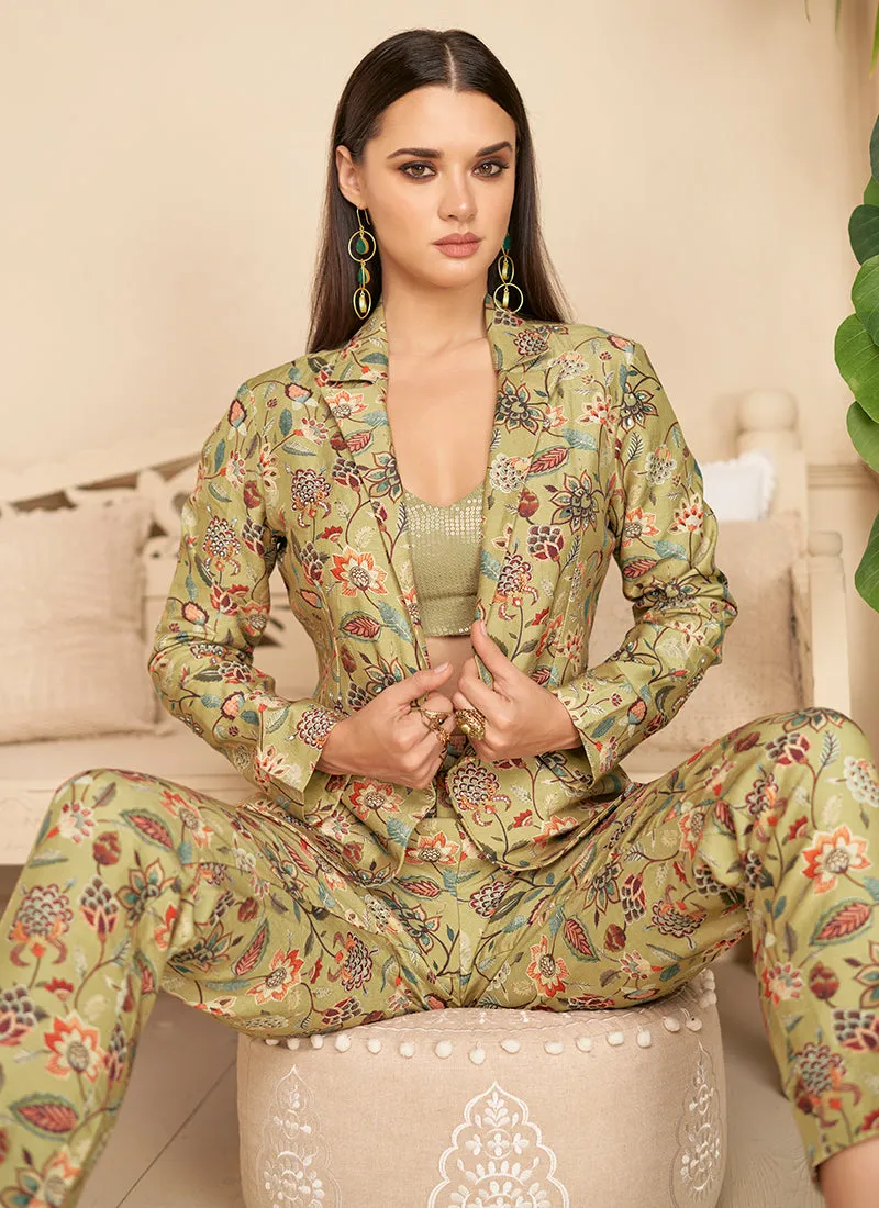 Light Green Digital Print And Handwork Embellished Co-Ord Set