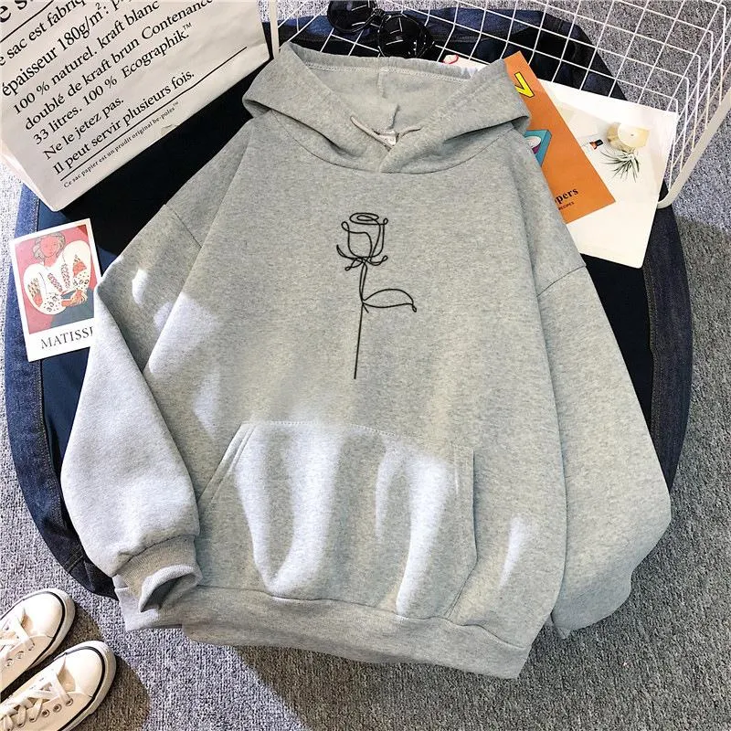 Line rose casual loose hoodie