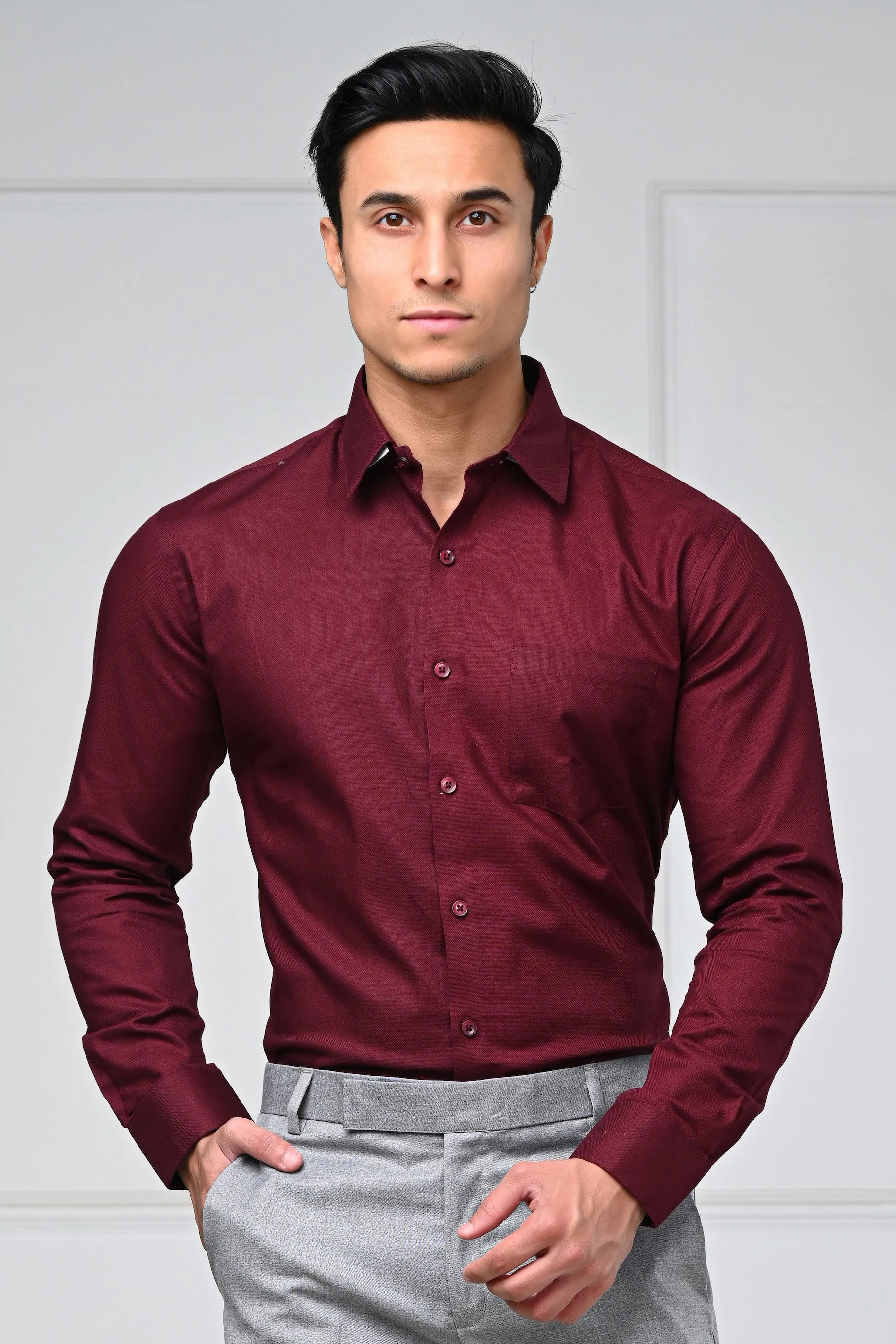 Maroon Self Patterned Formal Shirts