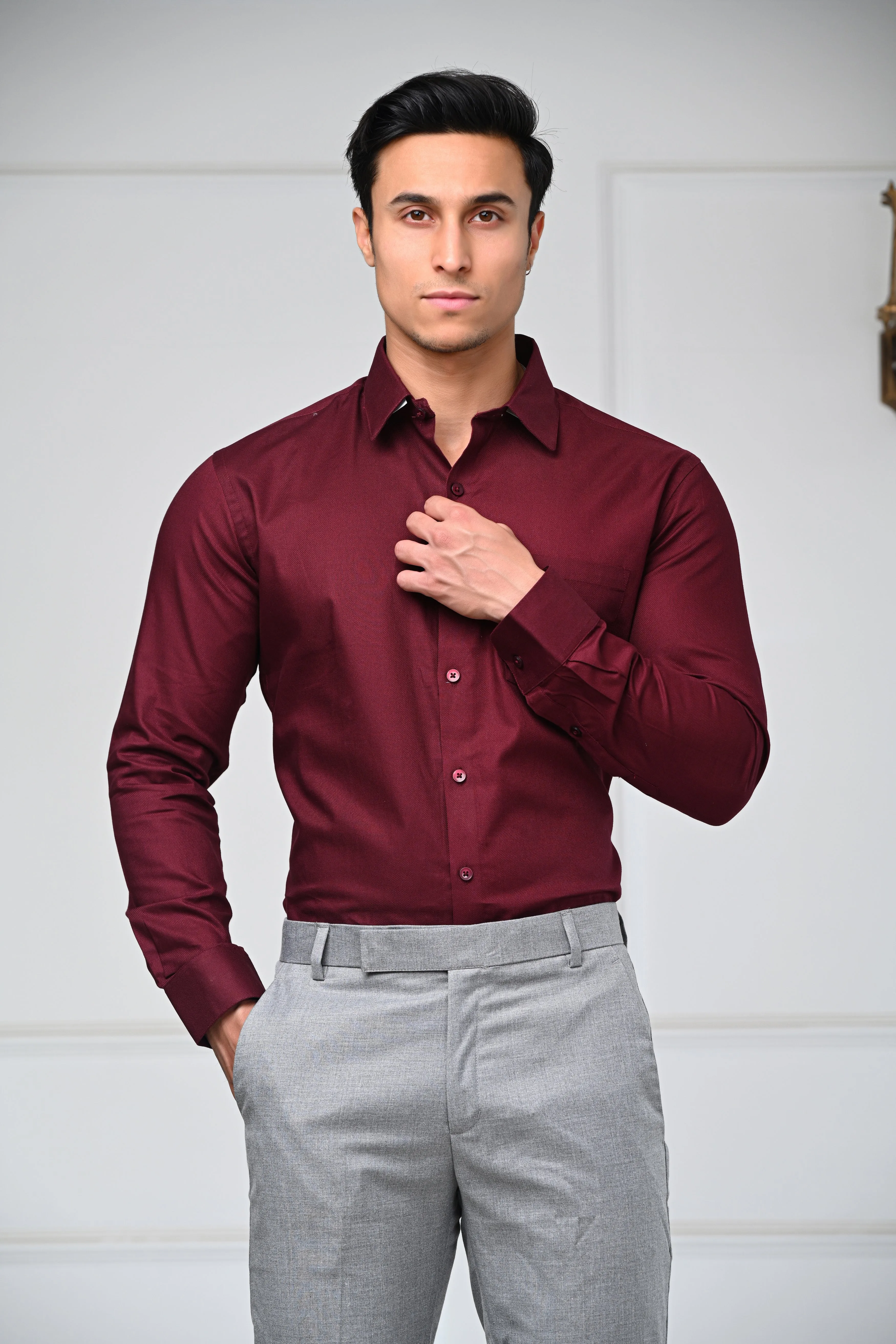 Maroon Self Patterned Formal Shirts