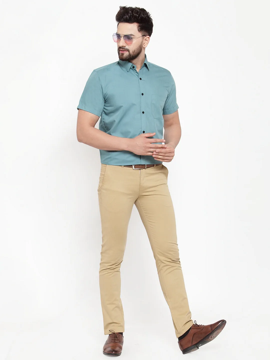 Men's Green Cotton Half Sleeves Solid Formal Shirts ( SF 754Aqua ) - Jainish