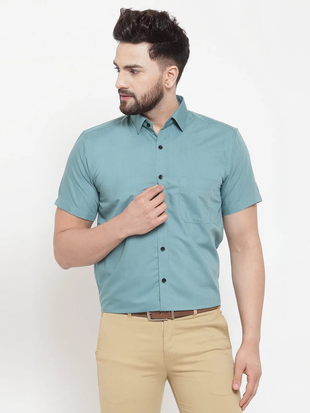 Men's Green Cotton Half Sleeves Solid Formal Shirts ( SF 754Aqua ) - Jainish