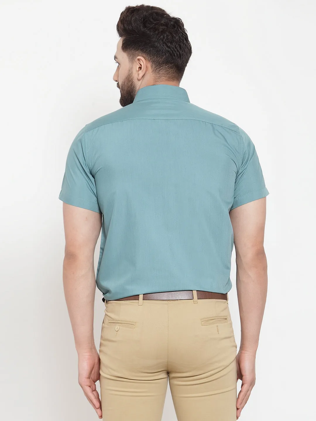 Men's Green Cotton Half Sleeves Solid Formal Shirts ( SF 754Aqua ) - Jainish