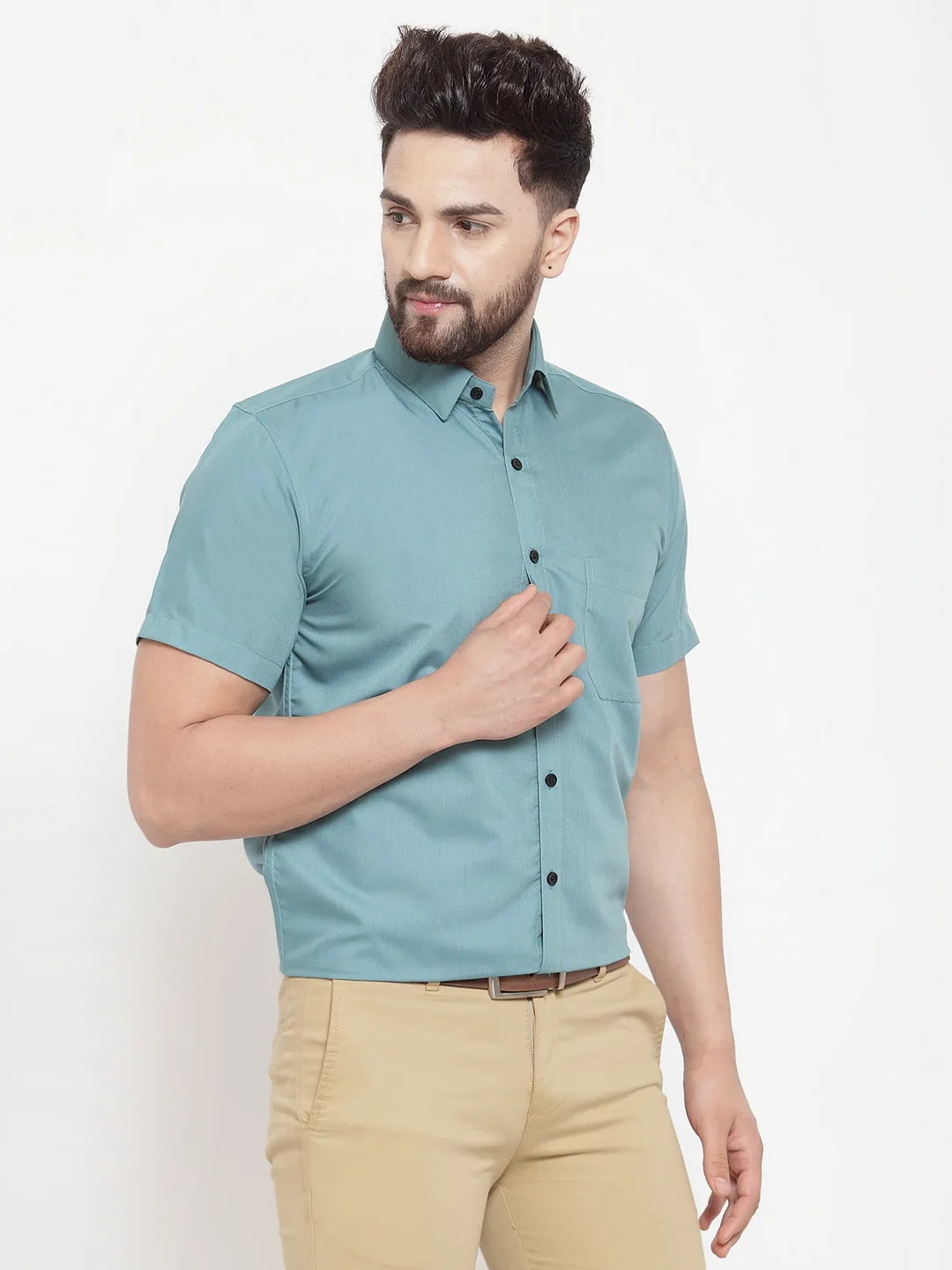 Men's Green Cotton Half Sleeves Solid Formal Shirts ( SF 754Aqua ) - Jainish