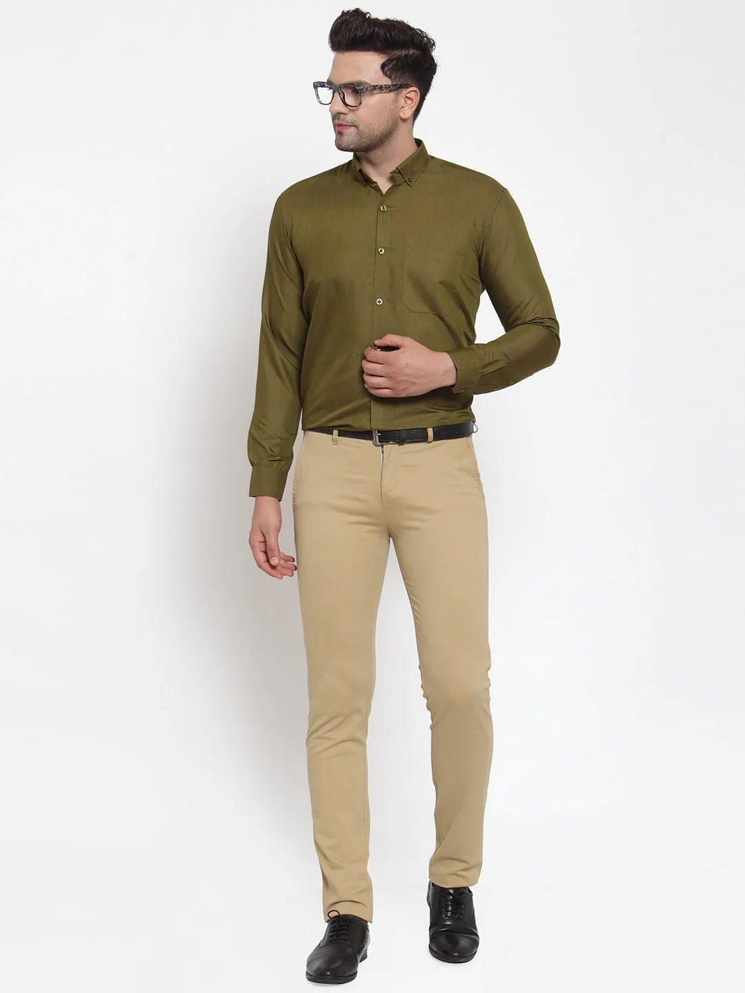 Men's Green Cotton Solid Button Down Formal Shirts ( SF 713Olive ) - Jainish