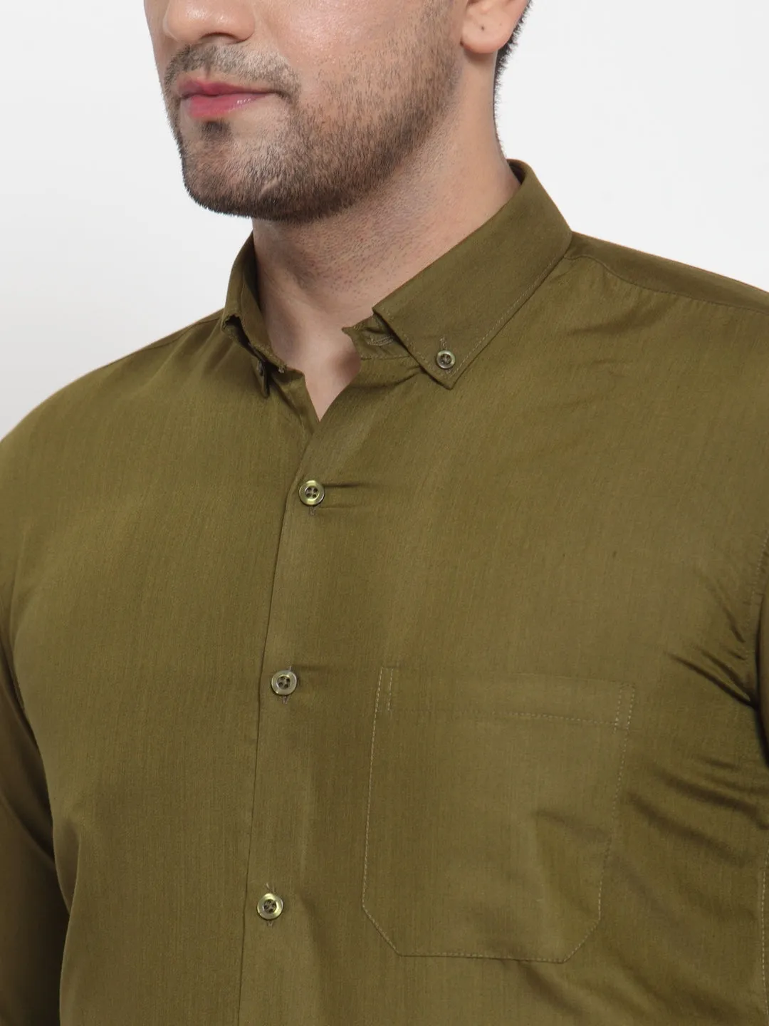 Men's Green Cotton Solid Button Down Formal Shirts ( SF 713Olive ) - Jainish