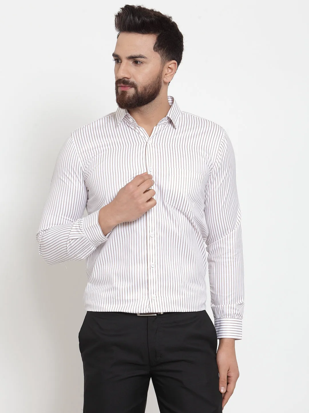 Men's White Cotton Stiped Formal Shirts ( SF 737White ) - Jainish