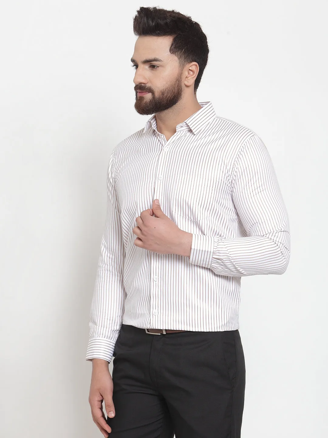 Men's White Cotton Stiped Formal Shirts ( SF 737White ) - Jainish