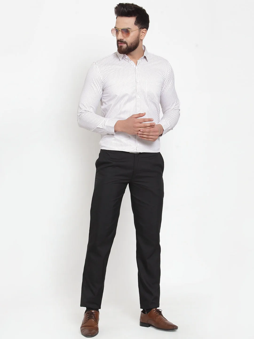 Men's White Cotton Stiped Formal Shirts ( SF 737White ) - Jainish