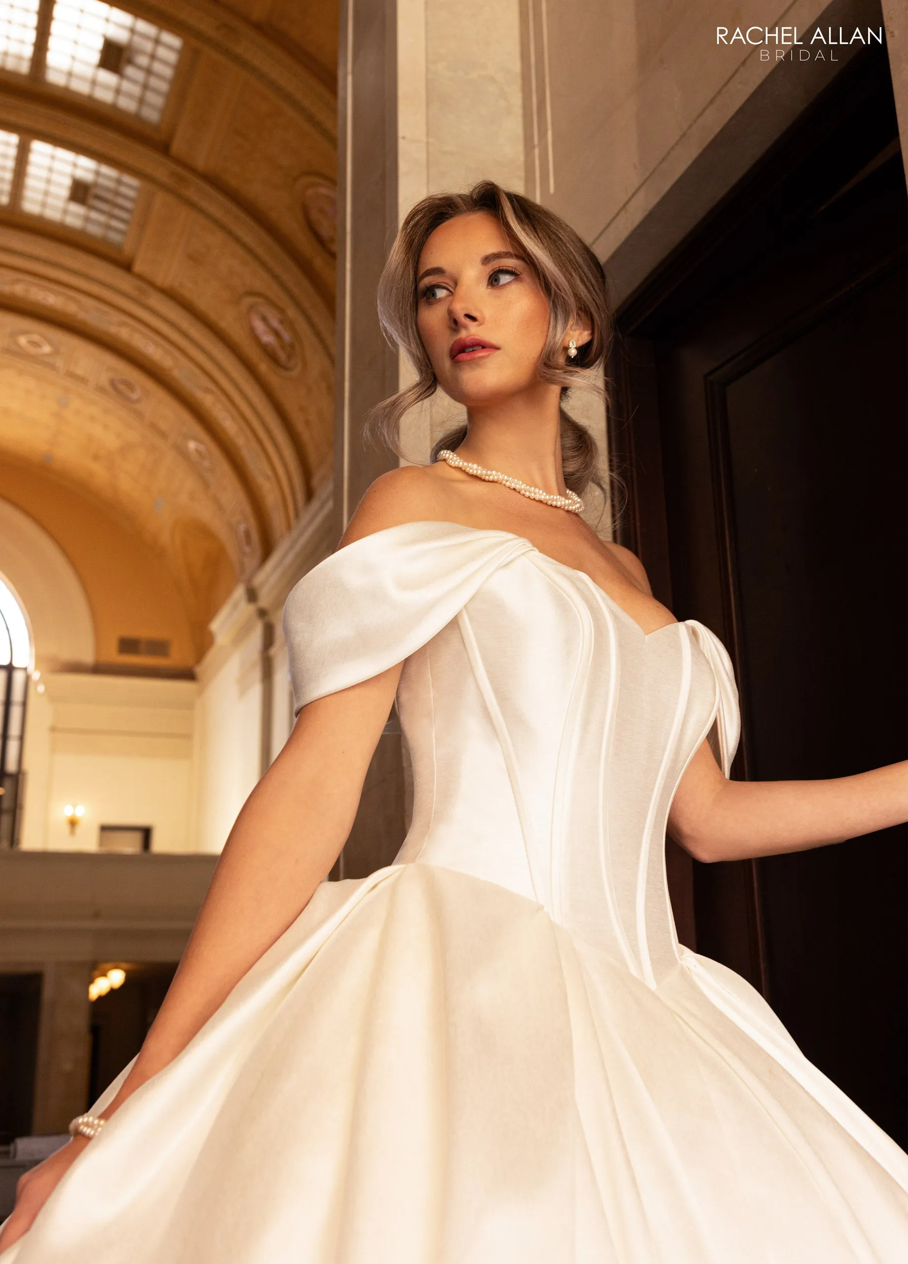 Mikado Off Shoulder Bridal Gown by Rachel Allan RB6162