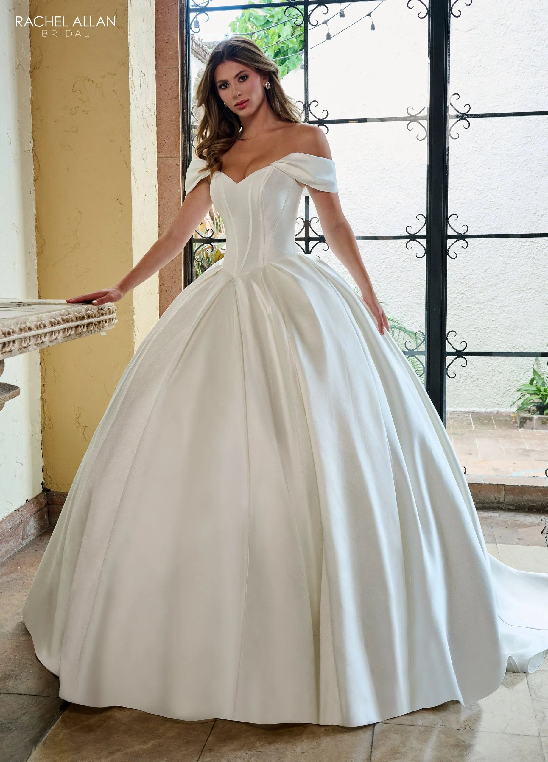 Mikado Off Shoulder Bridal Gown by Rachel Allan RB6162