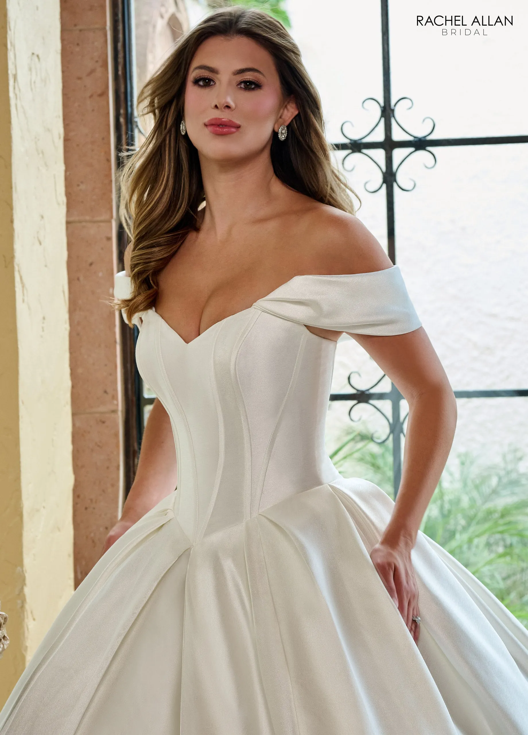 Mikado Off Shoulder Bridal Gown by Rachel Allan RB6162