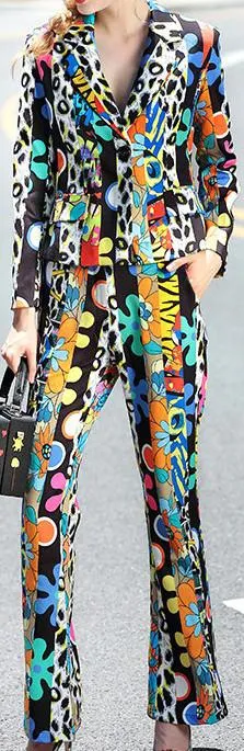 Multicolored Retro Print Blazer Jacket & Flared Pant Set