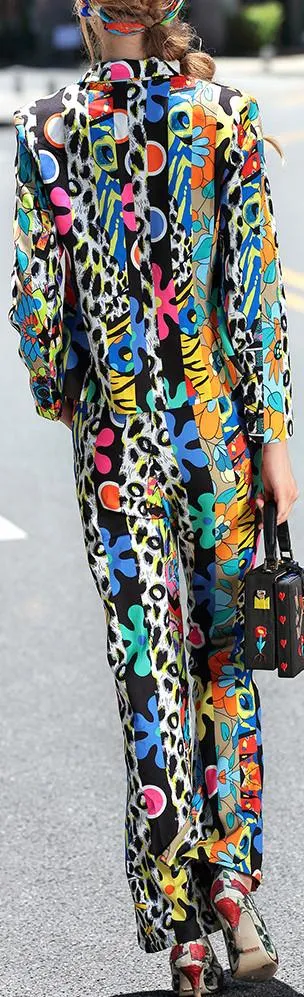 Multicolored Retro Print Blazer Jacket & Flared Pant Set