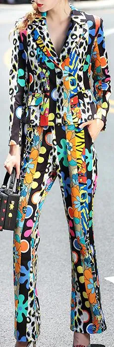 Multicolored Retro Print Blazer Jacket & Flared Pant Set