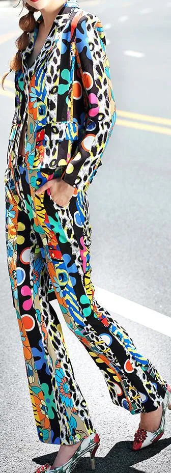 Multicolored Retro Print Blazer Jacket & Flared Pant Set