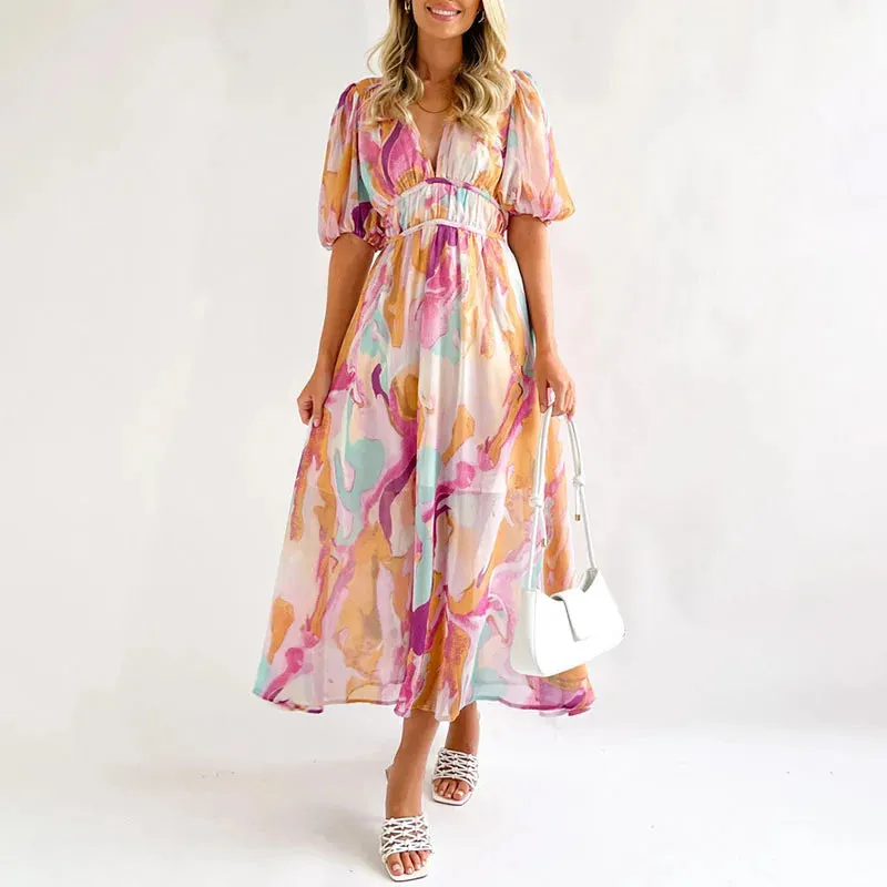 Print High Waist Party Female V-neck Boho Puff Sleeves Pleated Summer Floral Dress