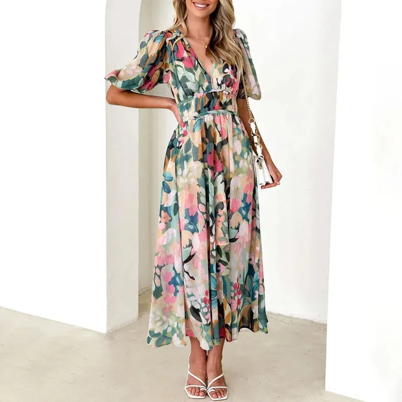 Print High Waist Party Female V-neck Boho Puff Sleeves Pleated Summer Floral Dress