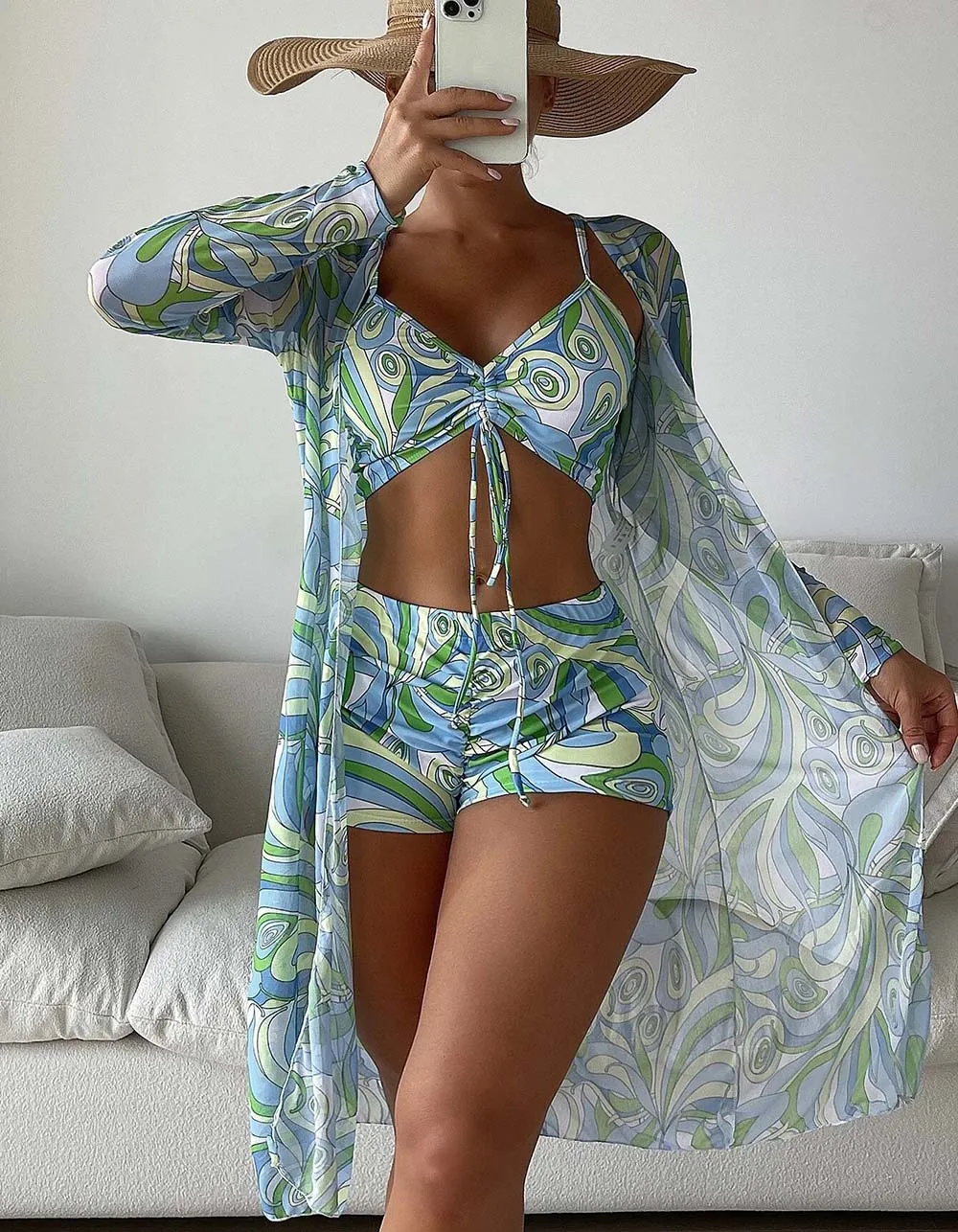 Printed Backless Three-piece High Waist Bikini  Swimwear Cover Up Sets