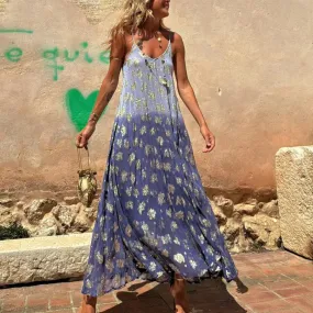 Printed Loose Bohemian V-neck Spaghetti Strap Long Sexy Hollow Pleated Summer Gradient Dress