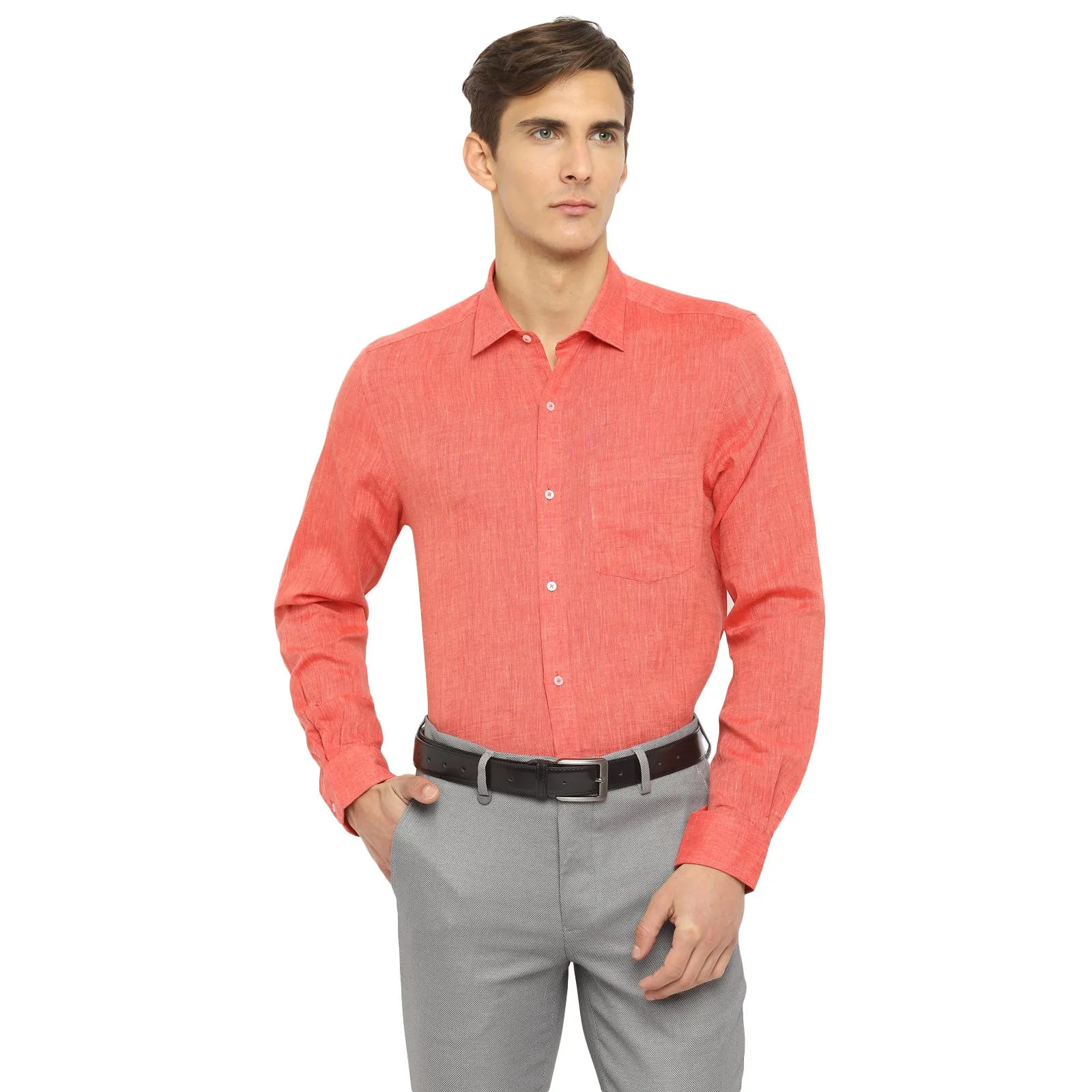 Red Linen Solid Slim Fit Shirts