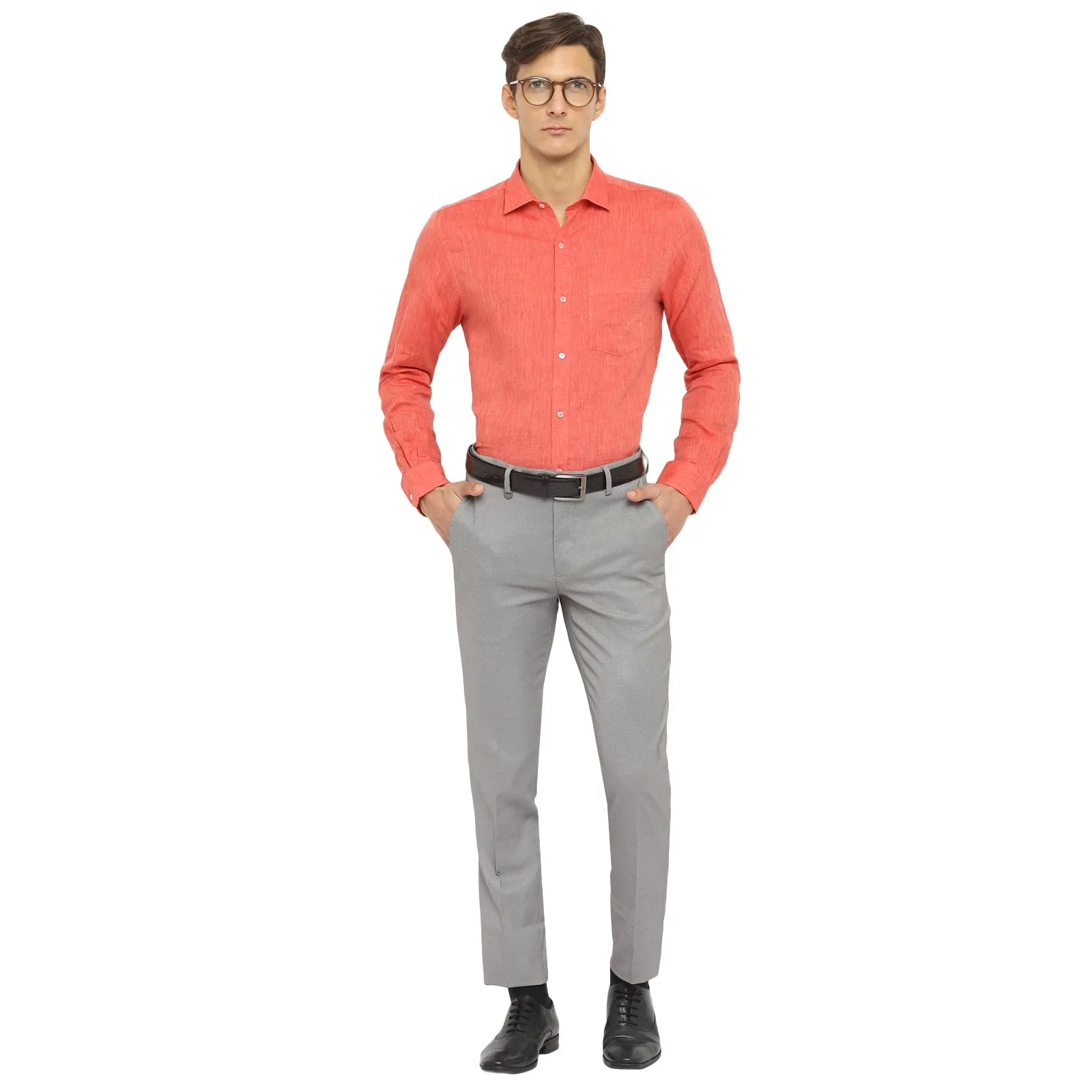 Red Linen Solid Slim Fit Shirts