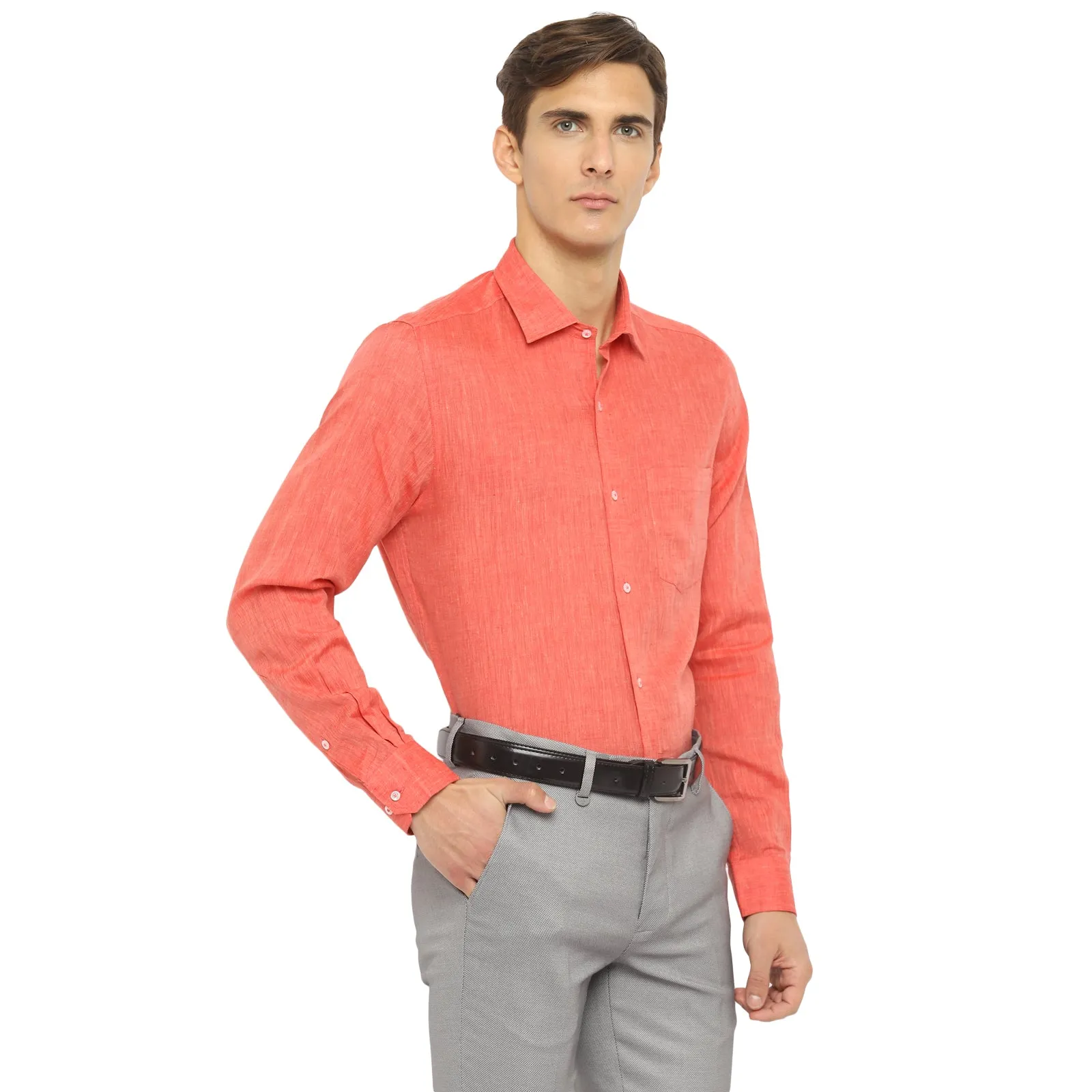 Red Linen Solid Slim Fit Shirts