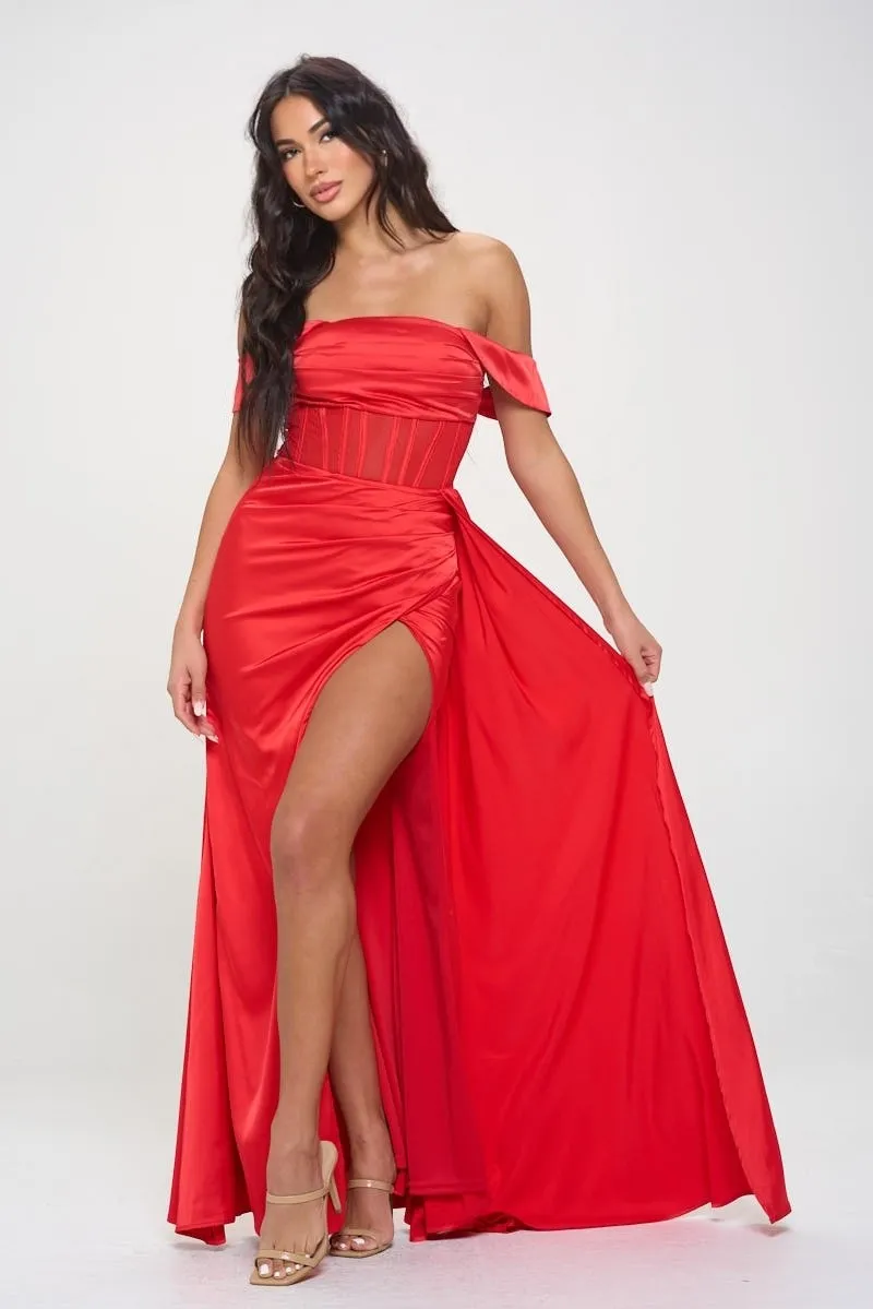 Red Off The Shoulder Satin Maxi Dress