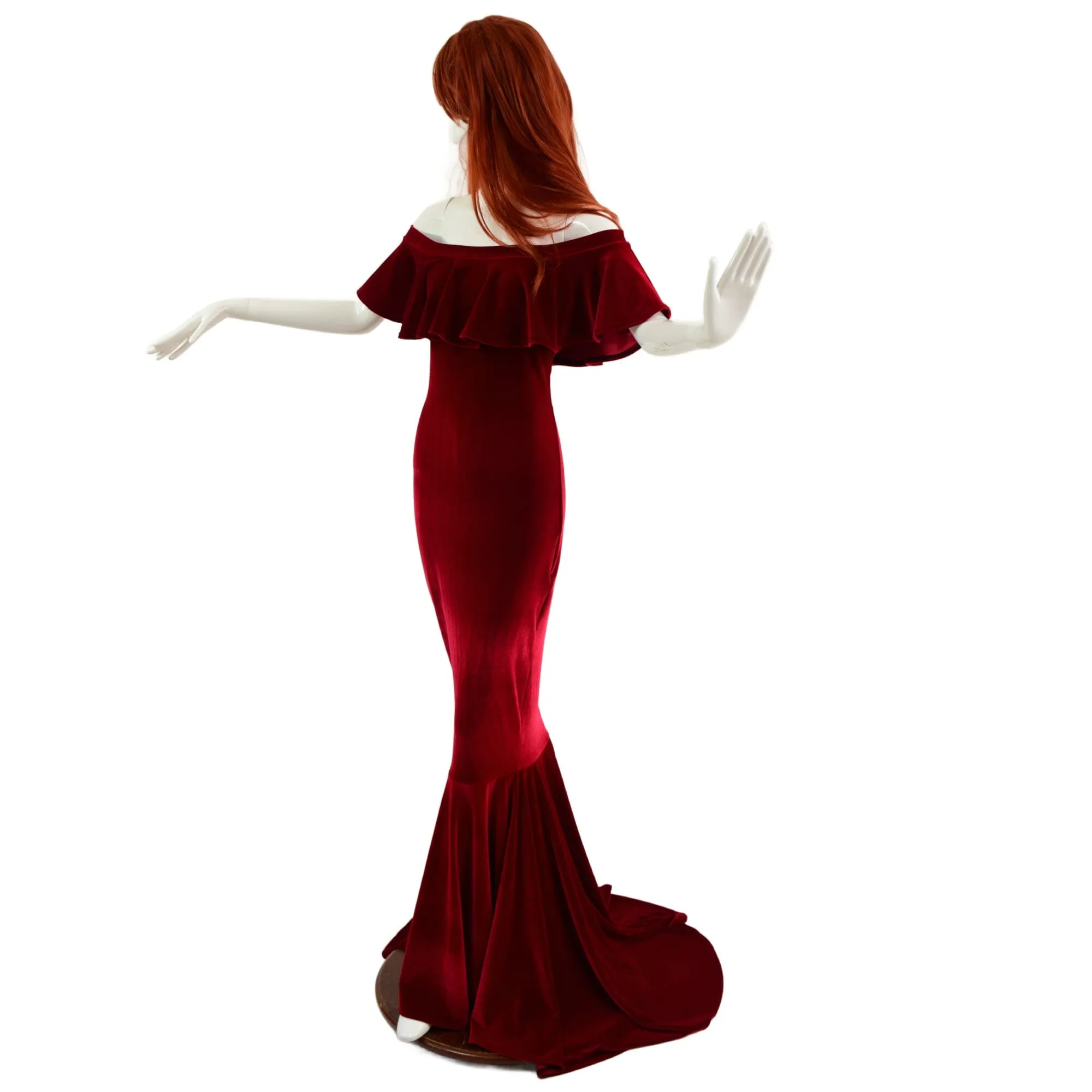 Red Velvet Off Shoulder Puddle Train Gown