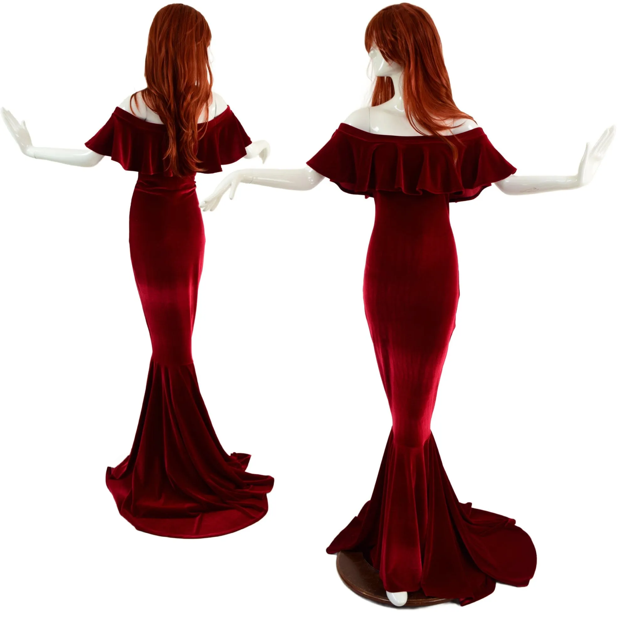 Red Velvet Off Shoulder Puddle Train Gown