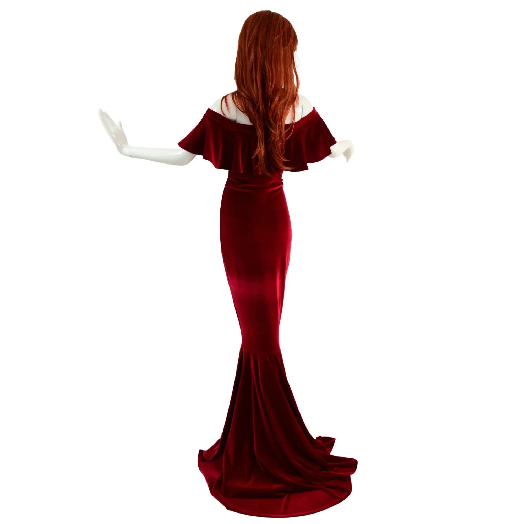 Red Velvet Off Shoulder Puddle Train Gown