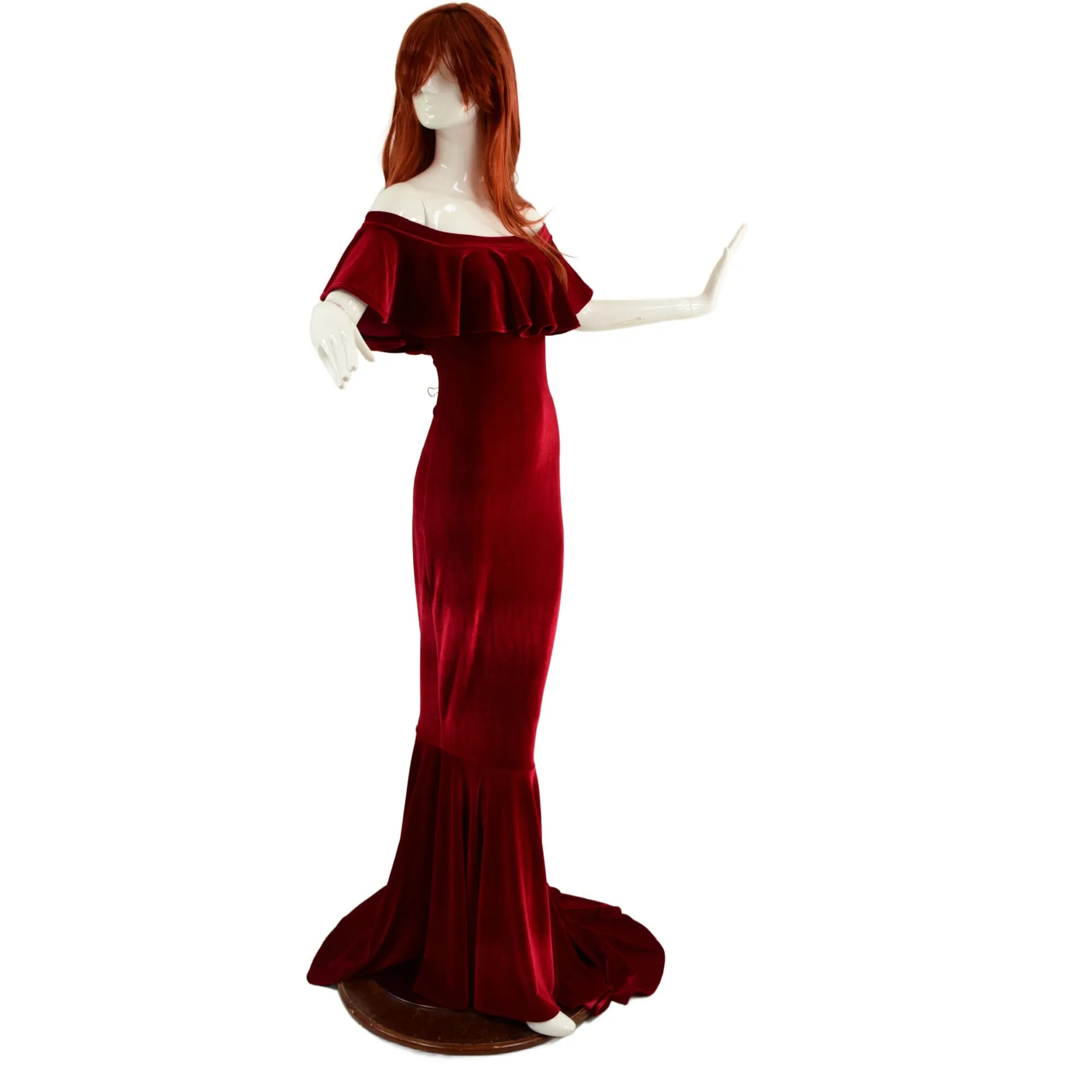 Red Velvet Off Shoulder Puddle Train Gown