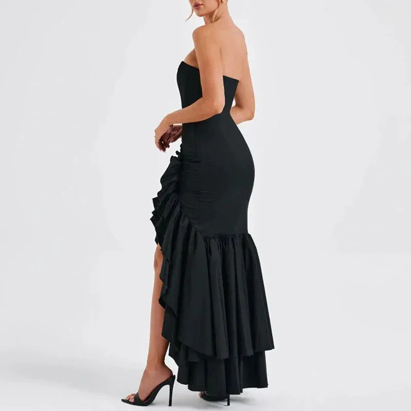 Ruffle Slim Evening Summer Elegant Off Shoulder Solid Club Sexy Strapless Ir Regular Long Party Fashion Dress