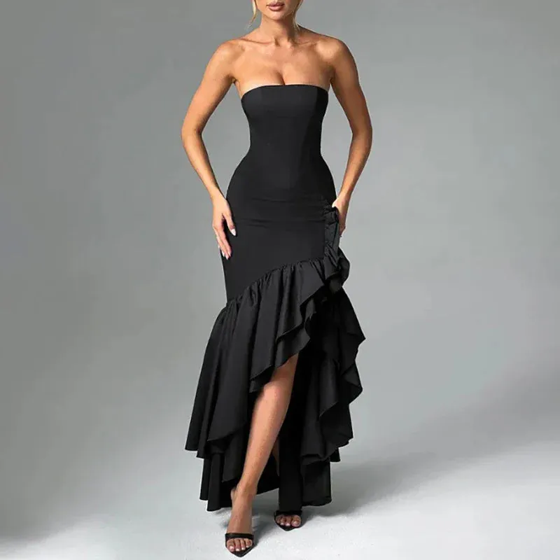 Ruffle Slim Evening Summer Elegant Off Shoulder Solid Club Sexy Strapless Ir Regular Long Party Fashion Dress