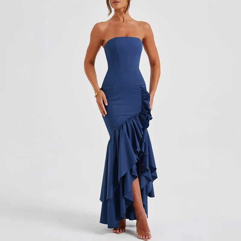 Ruffle Slim Evening Summer Elegant Off Shoulder Solid Club Sexy Strapless Ir Regular Long Party Fashion Dress