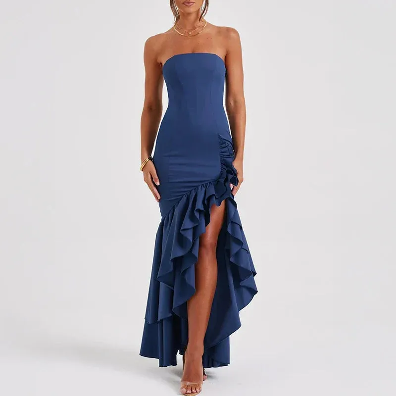 Ruffle Slim Evening Summer Elegant Off Shoulder Solid Club Sexy Strapless Ir Regular Long Party Fashion Dress