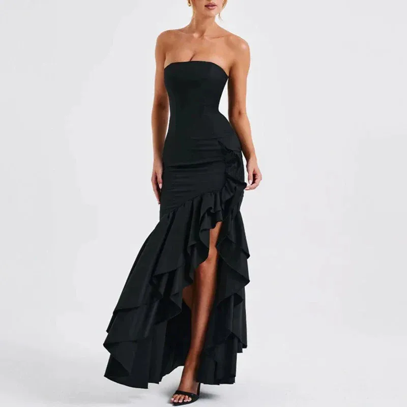 Ruffle Slim Evening Summer Elegant Off Shoulder Solid Club Sexy Strapless Ir Regular Long Party Fashion Dress