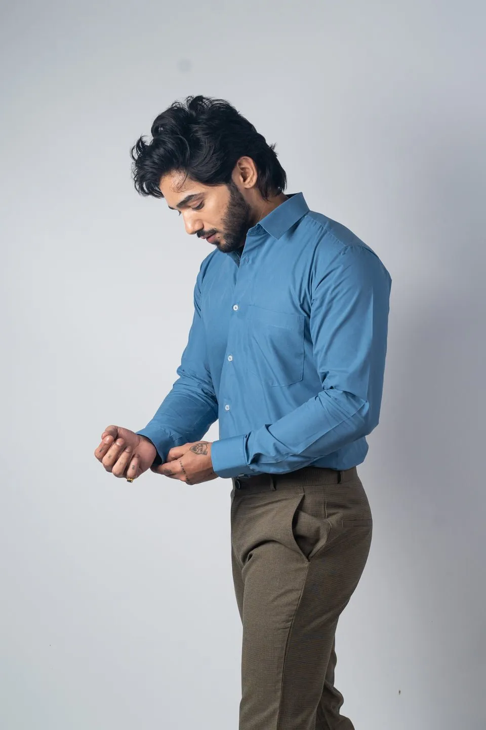 Sea Blue Color Lycra Twill Cotton Shirt For Men