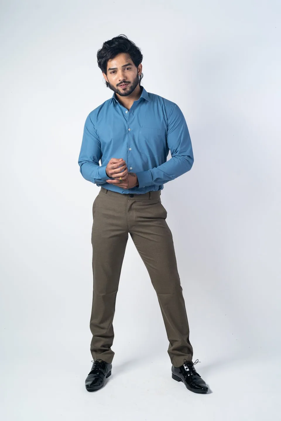 Sea Blue Color Lycra Twill Cotton Shirt For Men