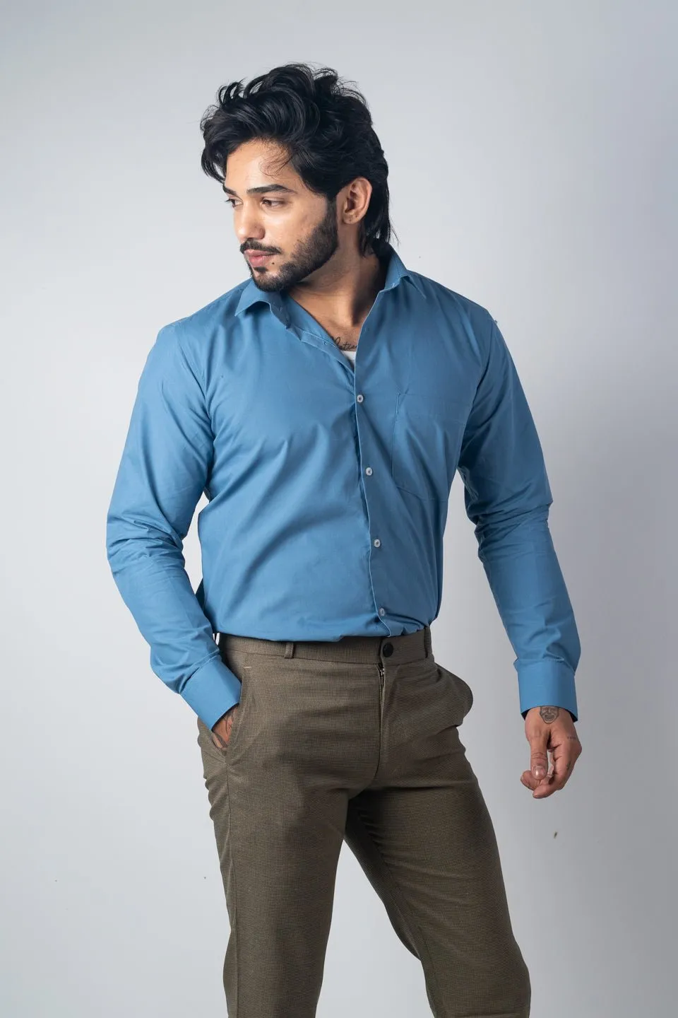 Sea Blue Color Lycra Twill Cotton Shirt For Men