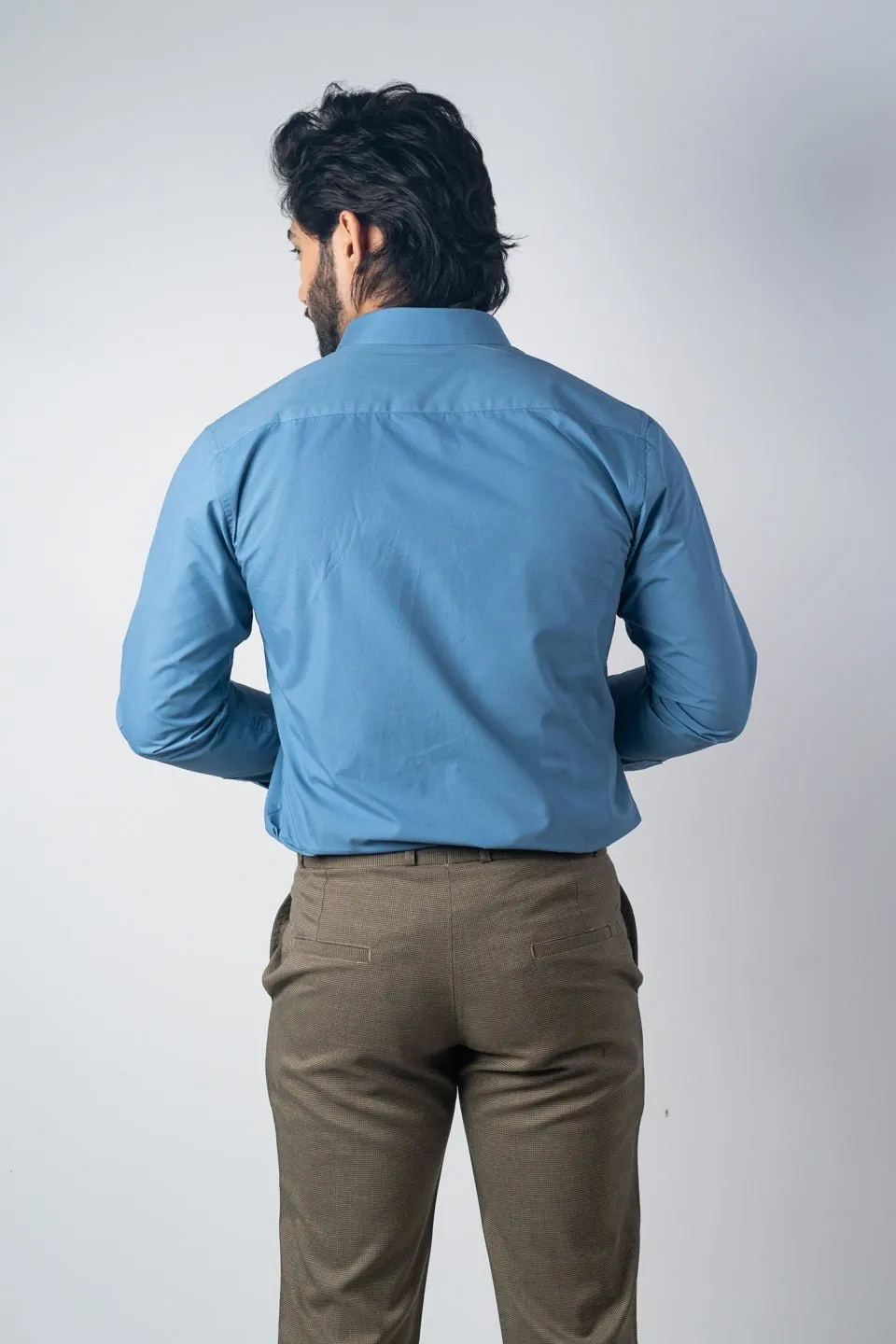 Sea Blue Color Lycra Twill Cotton Shirt For Men