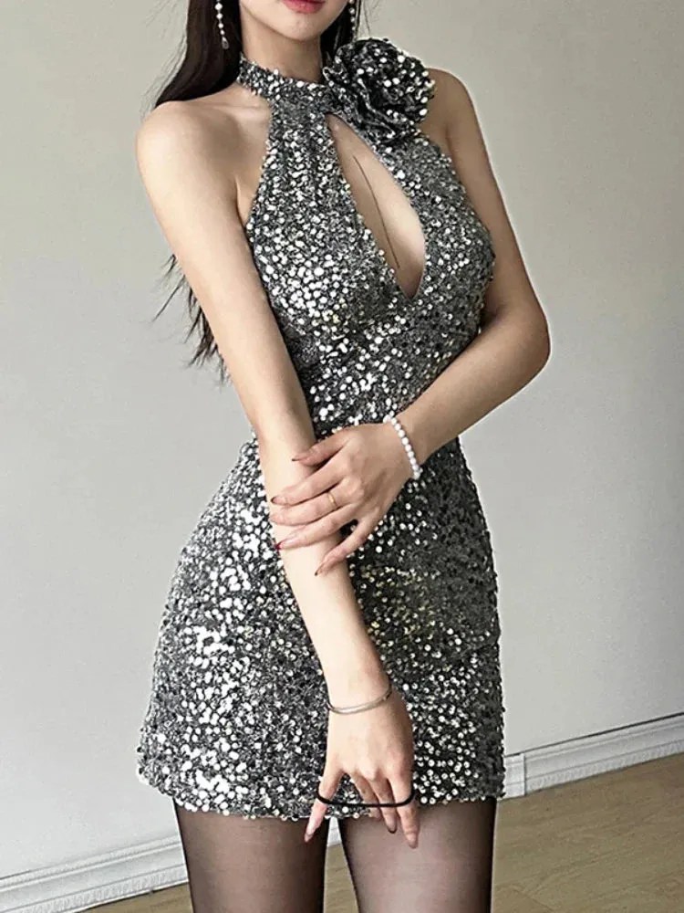 Shiny Hollow Sheath Sleeveless Sexy Flower Mini Party Sequins Out Dress