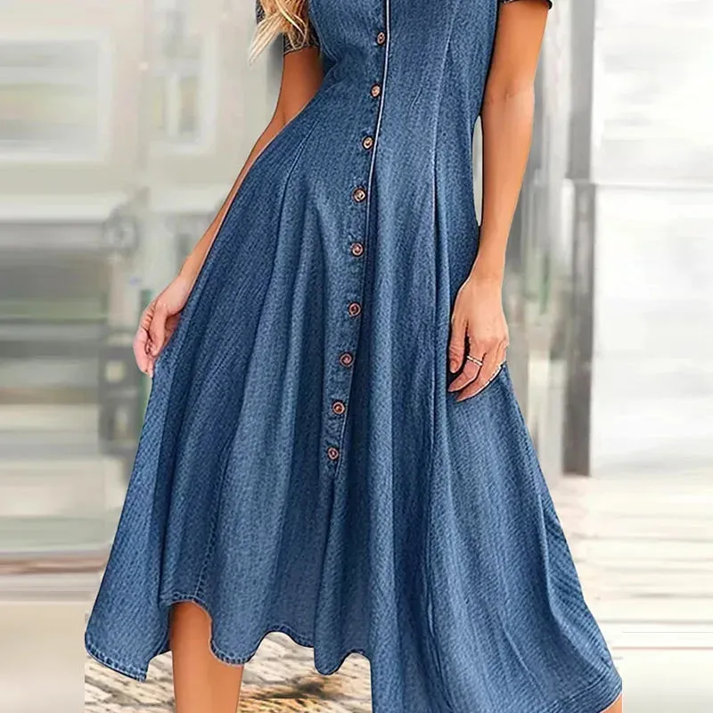 Single Breasted Pleated Denim Casual High Waist Slim Long Female V-neck Short Sleeved Party Elegant Dress