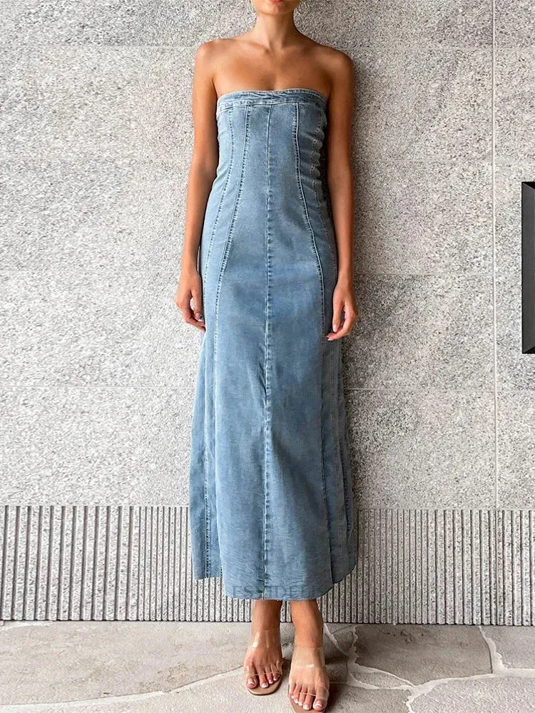 Slit Side Sleeveless Denim Slim Women Bodycon Maxi Dress Dress