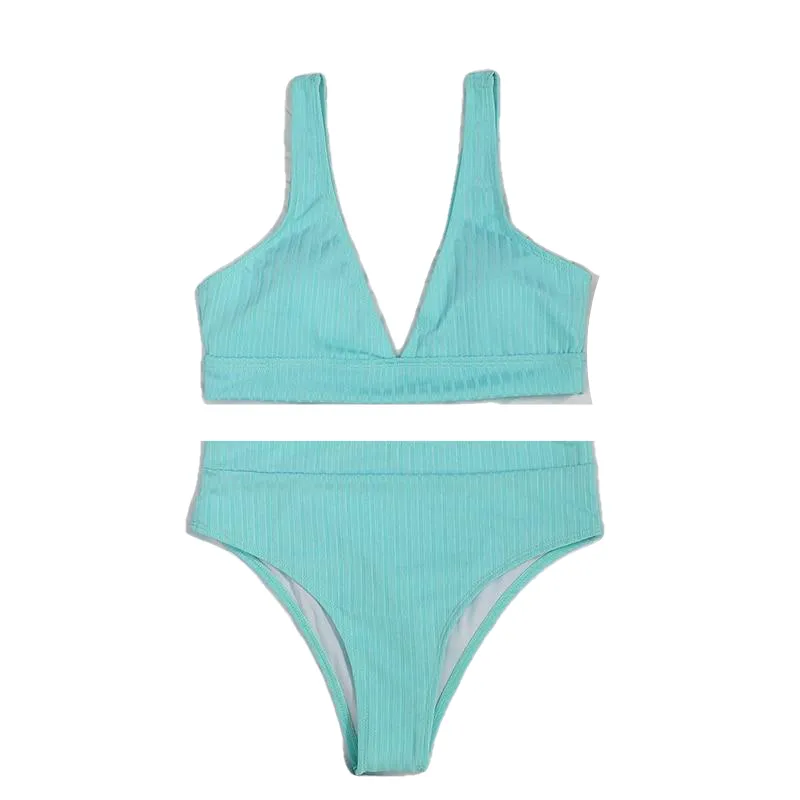 Stylish Spice Girls' Solid Ribbed High Waist V-neck Swimsuit