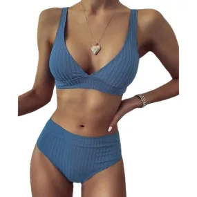 Stylish Spice Girls' Solid Ribbed High Waist V-neck Swimsuit