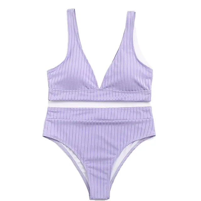 Stylish Spice Girls' Solid Ribbed High Waist V-neck Swimsuit