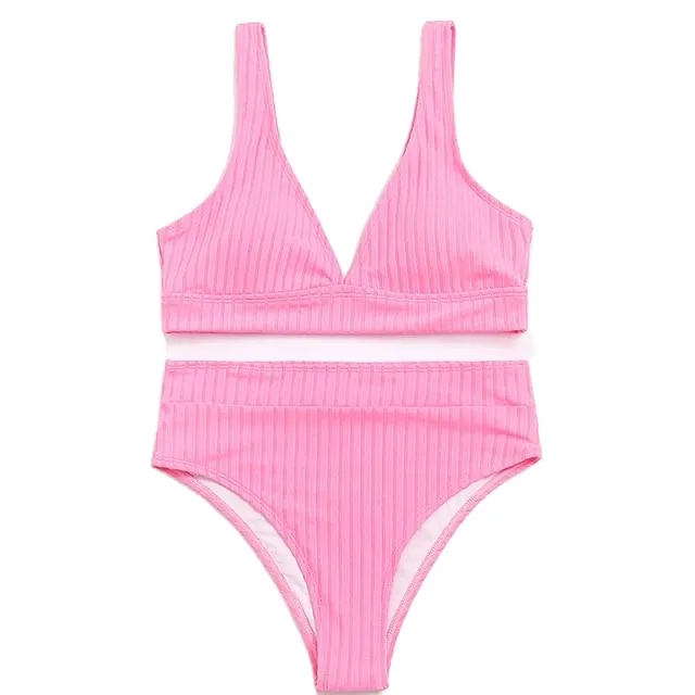 Stylish Spice Girls' Solid Ribbed High Waist V-neck Swimsuit